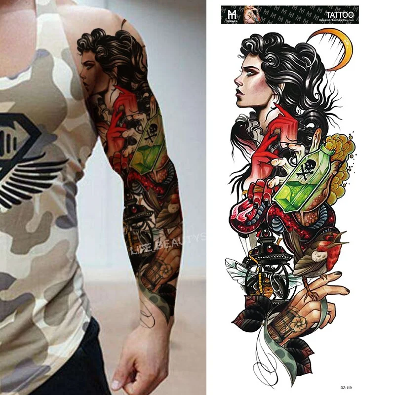 Sdrawing Temporary Full Arm Tattoos Man Women Cool Leg Art Tiger Wolf Black Sleeve Large Fake Sticker Glitter Multiple Style