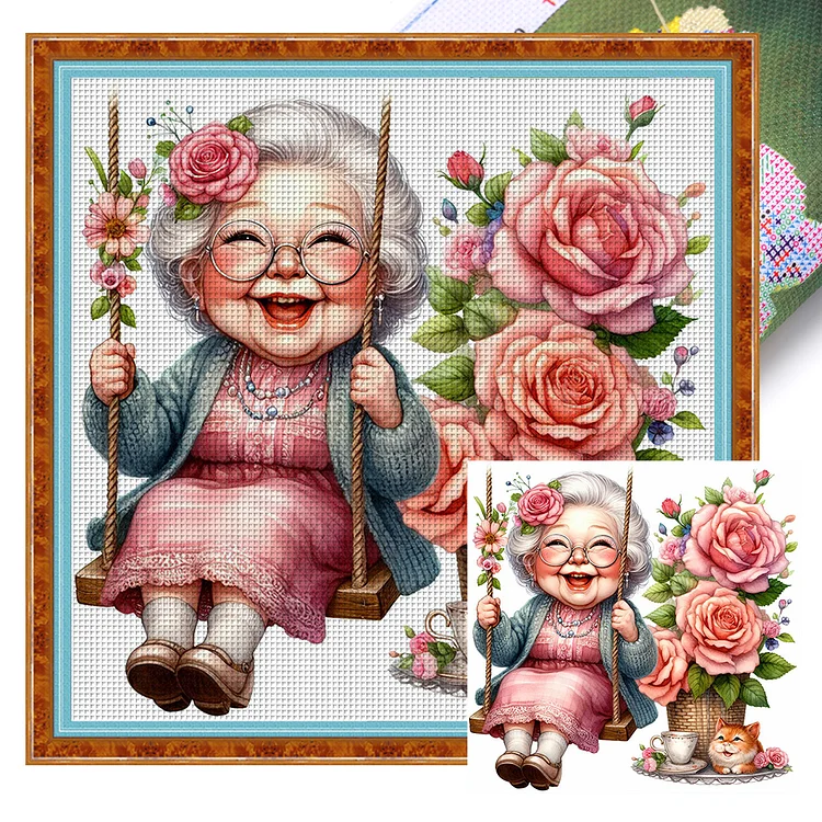 【Huacan Brand】Happy Old Lady On Swing 11CT Stamped Cross Stitch 45*45CM
