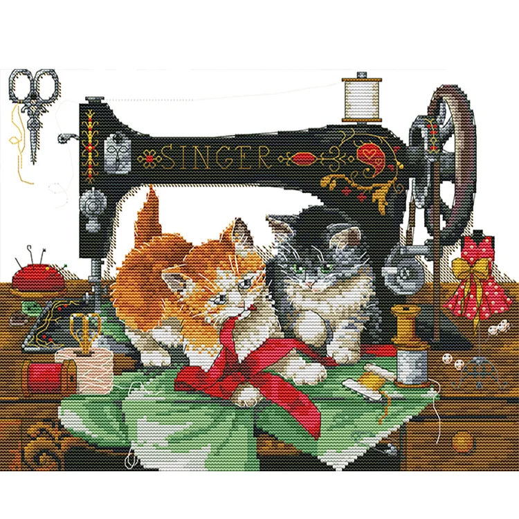 Joy Sunday Kitten And Sewing Machine 14CT Stamped Cross Stitch 38*31CM