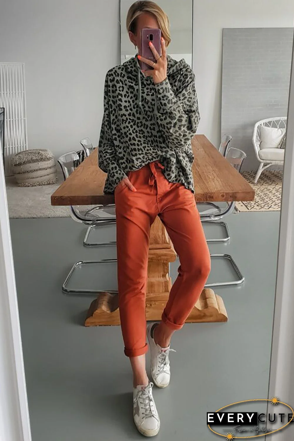 Green Leopard Print Long Sleeve Pullover Hoodie