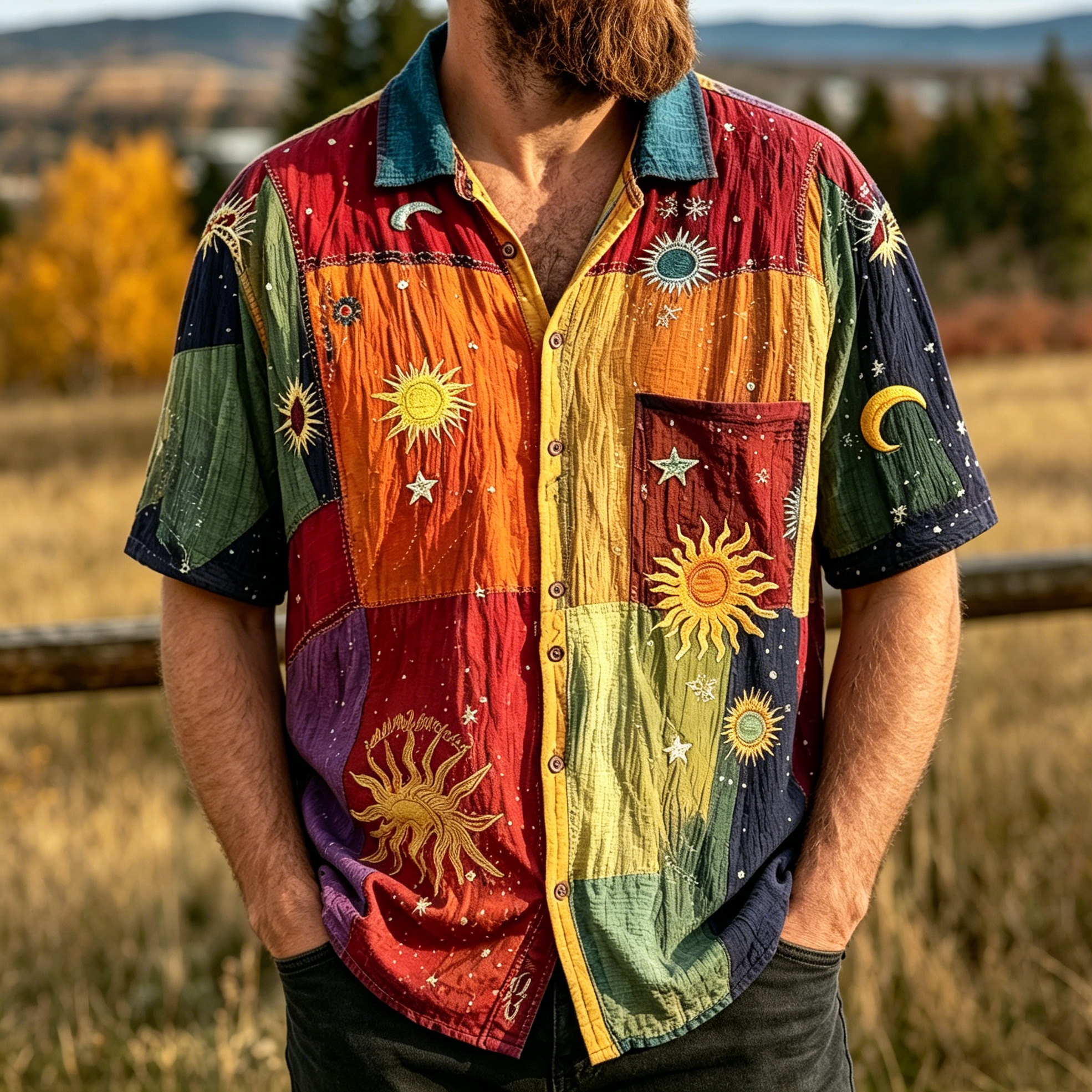 Men's Colorblock Hippie Art Star Moon Sun Print Short Sleeve Shirt  artssus
