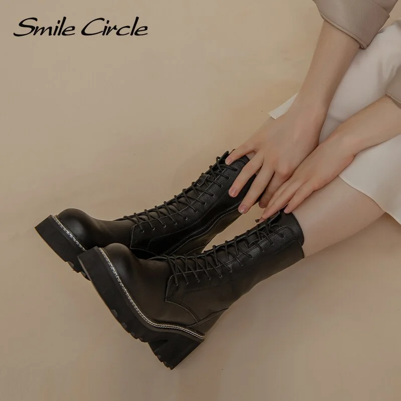 Smile Circle Chunky Ankle Boots Women Genuine Leather Black Motorcycle Boots Platform Warm Plush High heels Ladies Booties