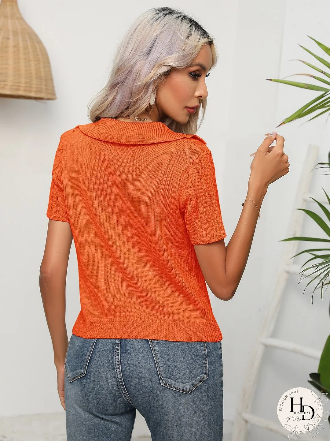 Cable-Knit Johnny Collar Short Sleeve Knit Top