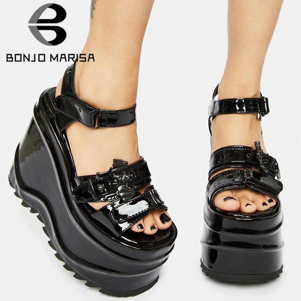 Goth Brand Black Wave 13  Bat Platform Open Toe Wedges Hook Loop Patent Pu Women Sandals 2021 Leisure Casual Punk Sumemer Shoes