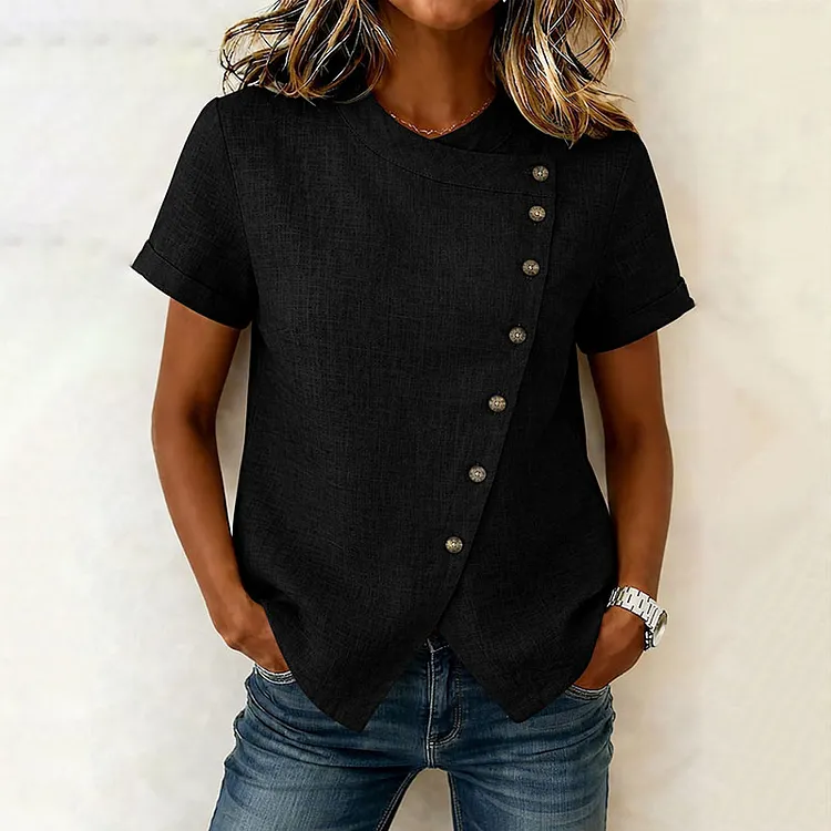 Women's Solid Color Button-down Linen Short-sleeve Shirt