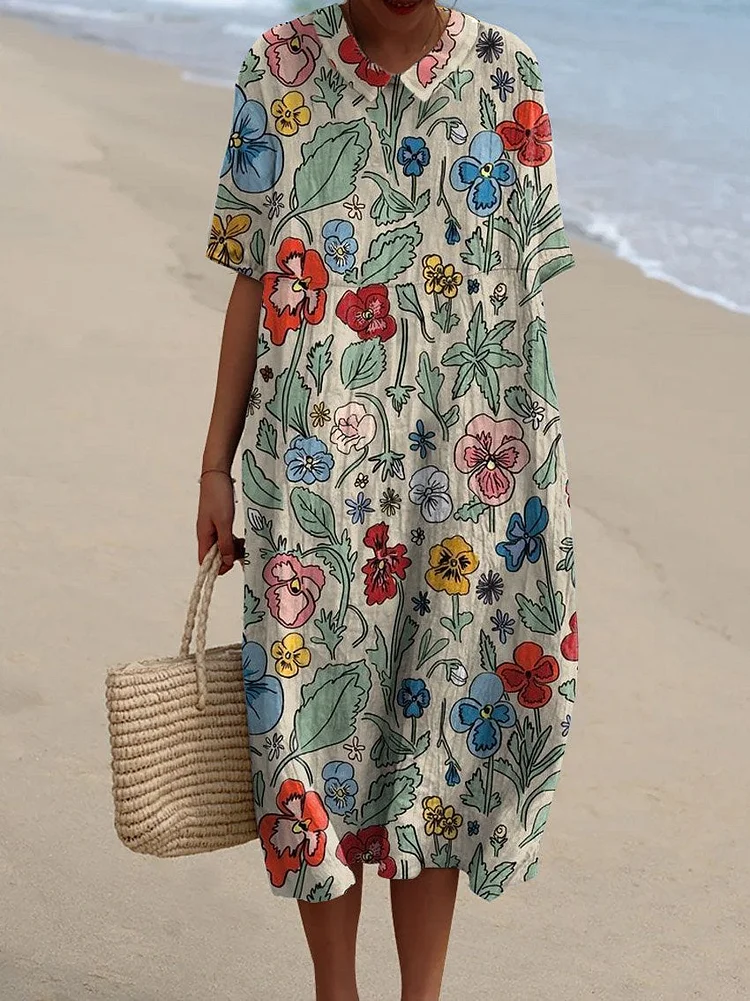 Women's Vintage Floral Art Print Pocket Linen Dress（Convertible Dress With Front And Back Option）