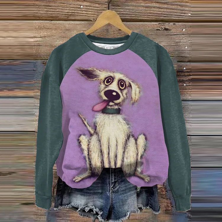 Comstylish Dog Print Contrast Color Long Sleeve Sweatshirt