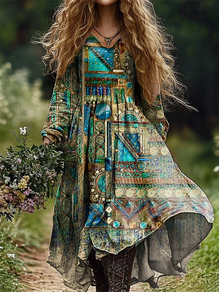 Women's Retro Irregular Patchwork Pattern Art Print Pocket Cotton Dress