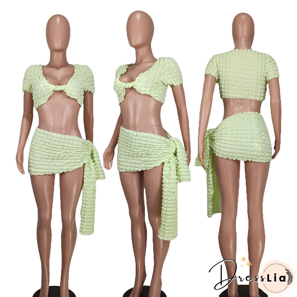 Short Sleeve Crop Tops Lace Up Skirts Two Piece Set
