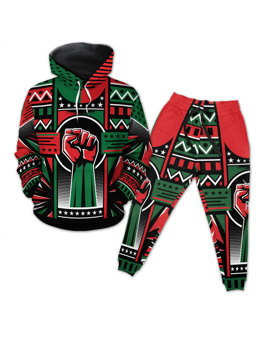 Power Fist And Patterns In Pan African Colors All-over Hoodie And Joggers Set