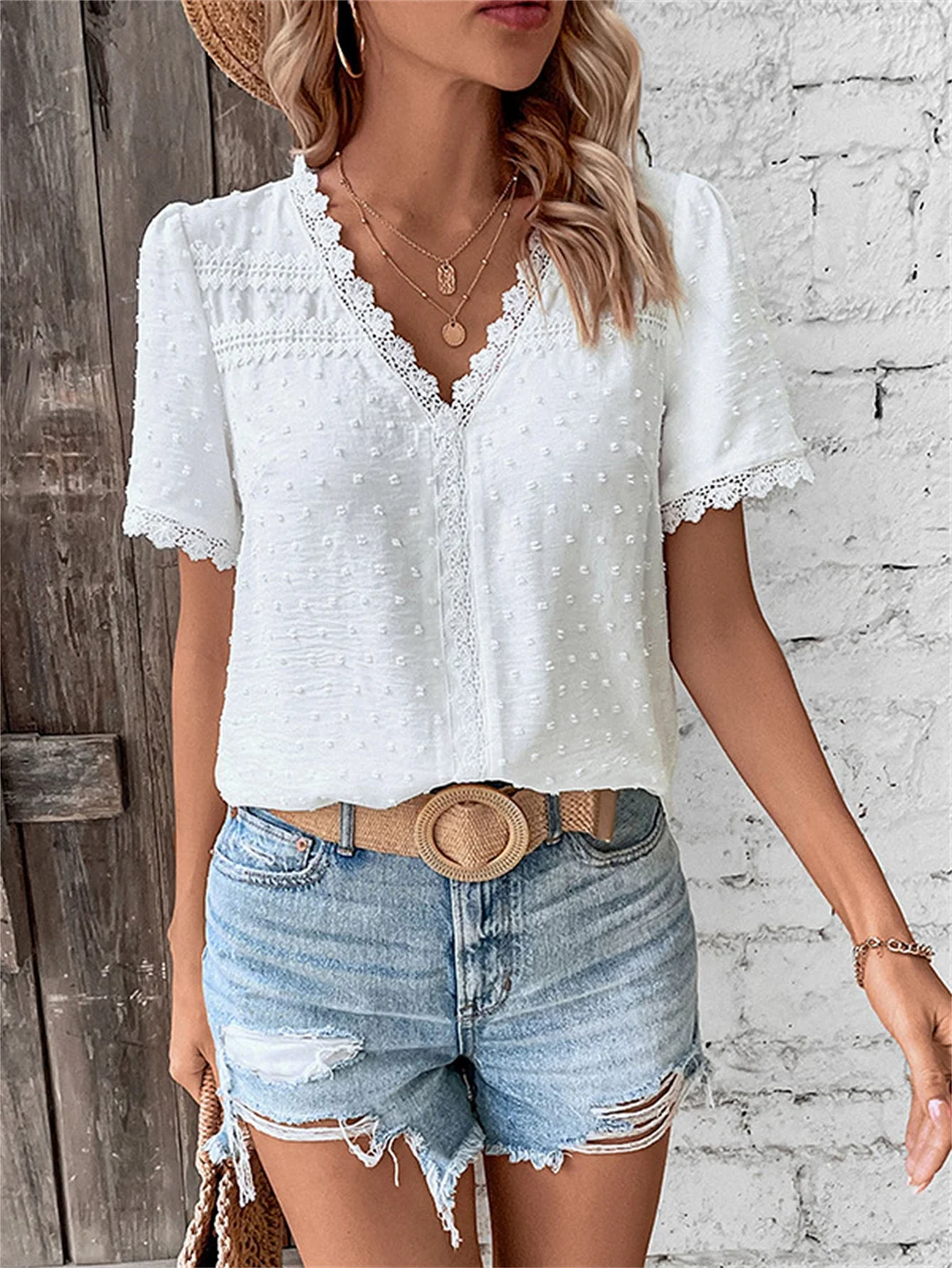 Women Short Sleeve V-neck Solid Color Lace Tops