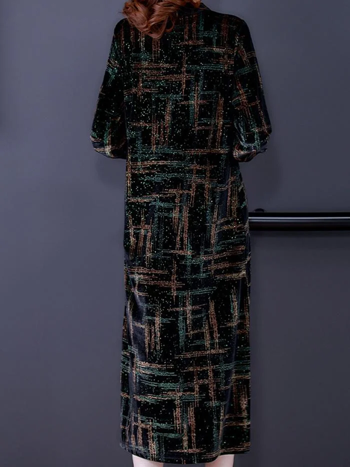 Fashionable and Elegant Printed Gold Velvet Dress