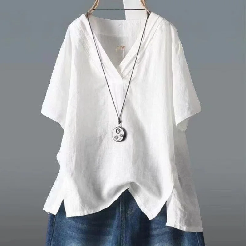 Uveng Uveng Summer New Solid Color Buffet Short-Sleeved V-Neck T-Shirt Women Irregular Large Cotton Loose Leisure Top