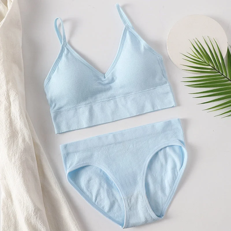 Women Bra Panties Set Sexy G-String Push Up Bra Crop Top Seamless Underwear Fitness Active Bra Top Thongs Female Lingerie Set