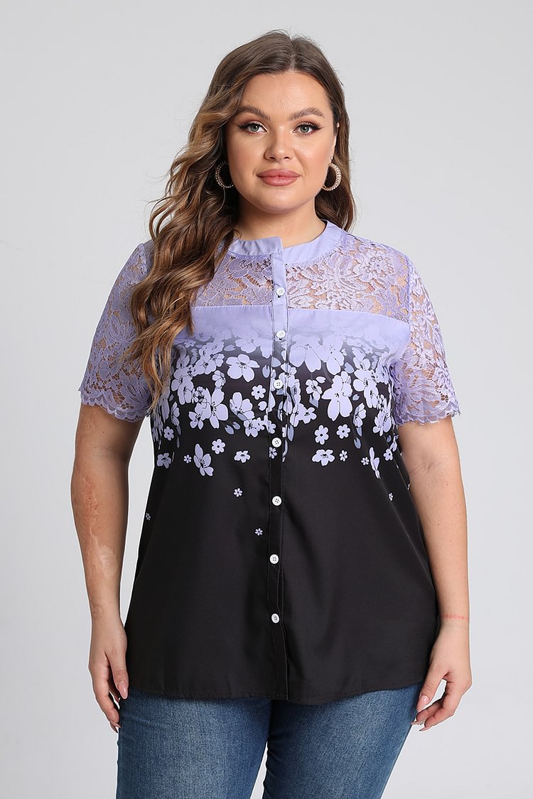 Plus Size Dressy Lace Patchwork Floral Print Button Up  Blouses  Flycurvy [product_label]