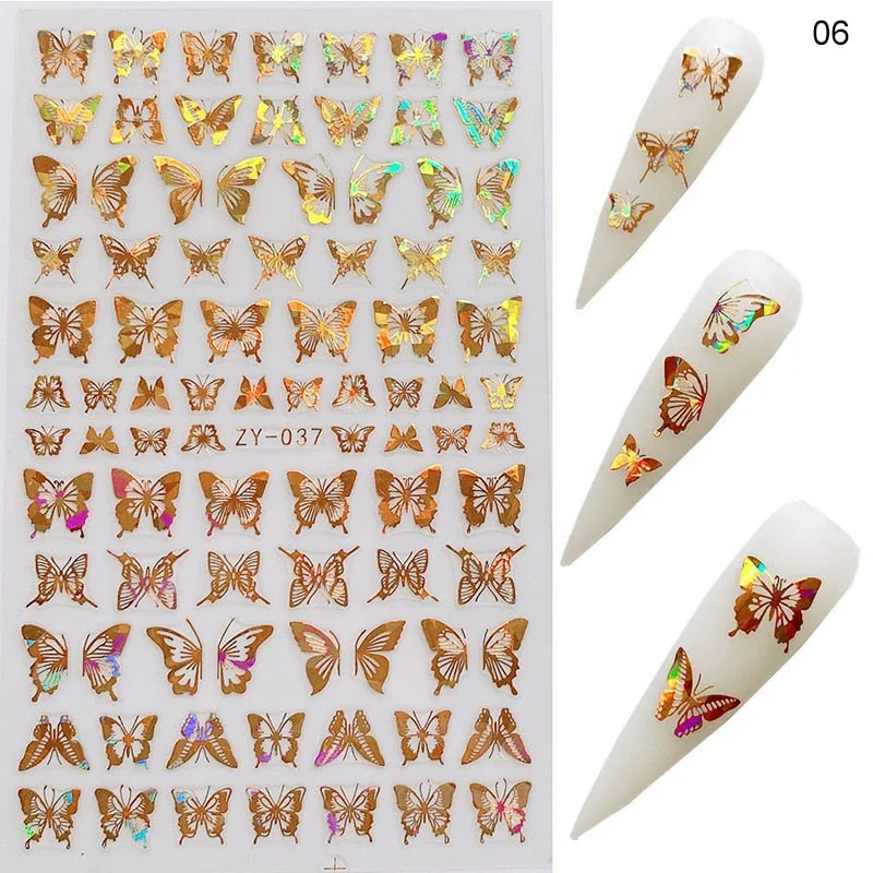 1 Sheet Laser Butterfly Gold Silver Black White 3D Nail Stickers Butterflies Heart Nail Decals Slider DIY Nail Art Decotaion-Nail Inspo