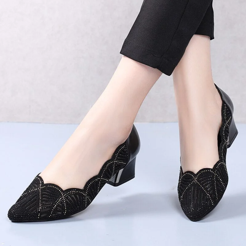 GKTINOO Rhinestone Pointed Toe Gauze Pumps Cut Outs Women Shoes Genuine Leather Comfortable High Heels Shoes Big Size 33-43