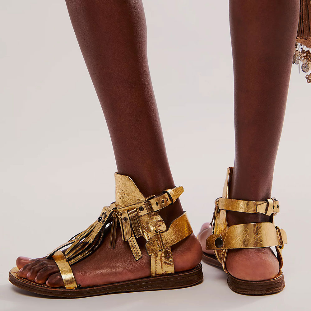 Gold Metallic Open Toe Flat Fringe Ankle Strap Sandals for Women Nicepairs