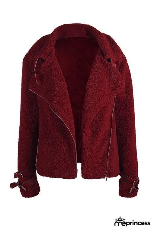 Buckle Fuzzy Zipper Coat