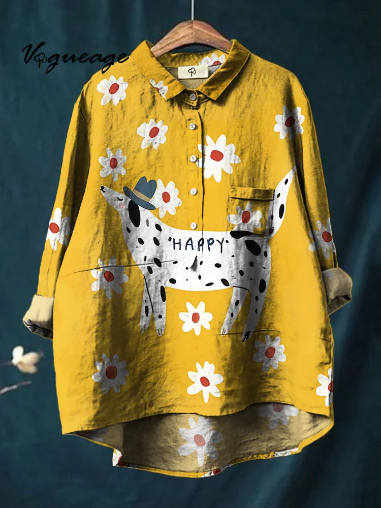 Simple Cartoon Spotted Dog With Daisy Print Cotton And Linen Shirt