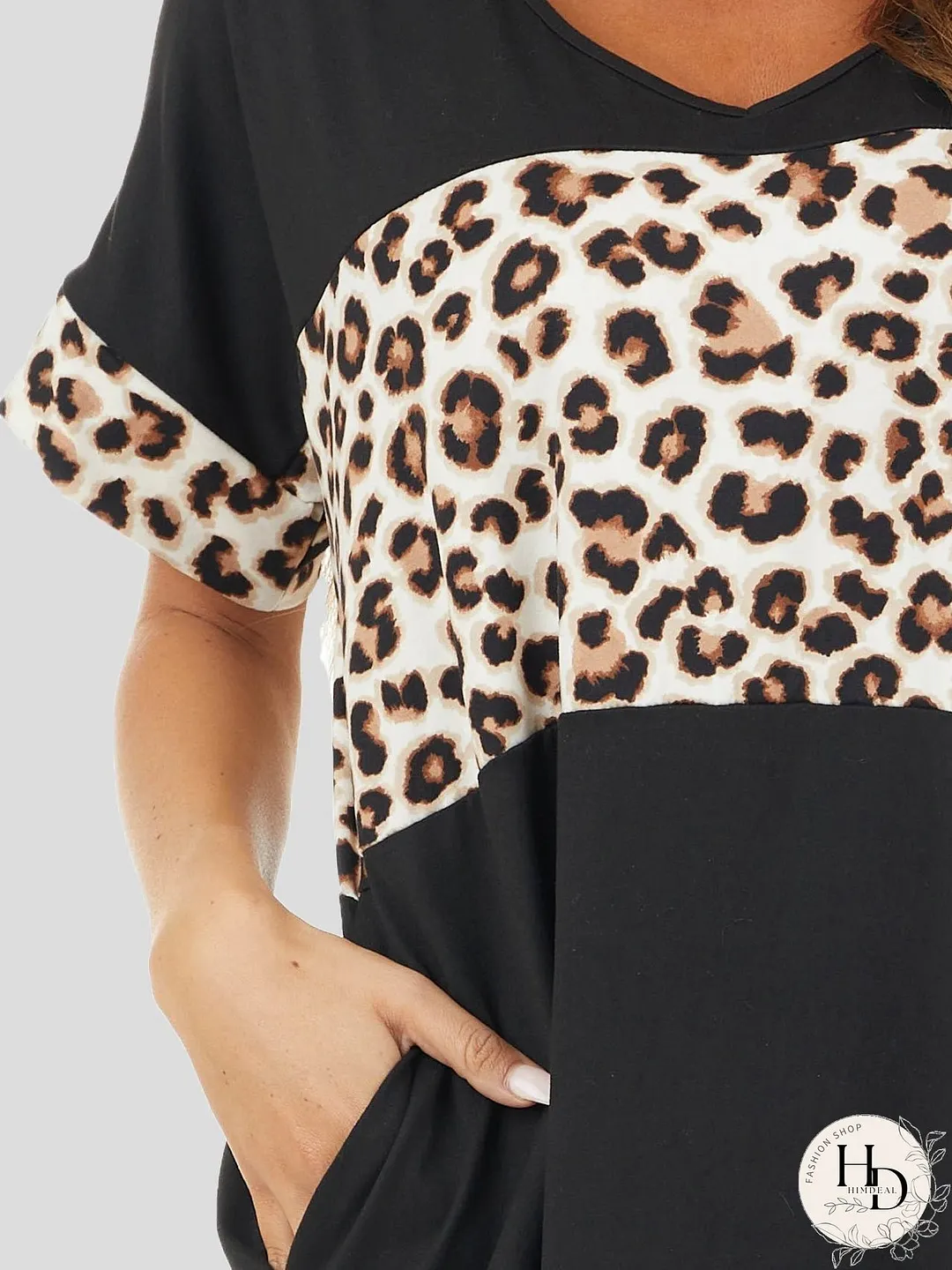 Dresses Crew Neck Leopard Panel Pocket Casual Dress for Women