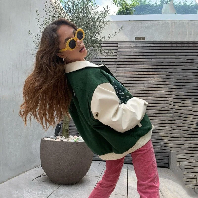 Bomber Jacket Women Green Contrast Sleeve PU Leather Coat Outerwear TAKE A TRIP Letter Applique Female Autumn Baseball Jackets