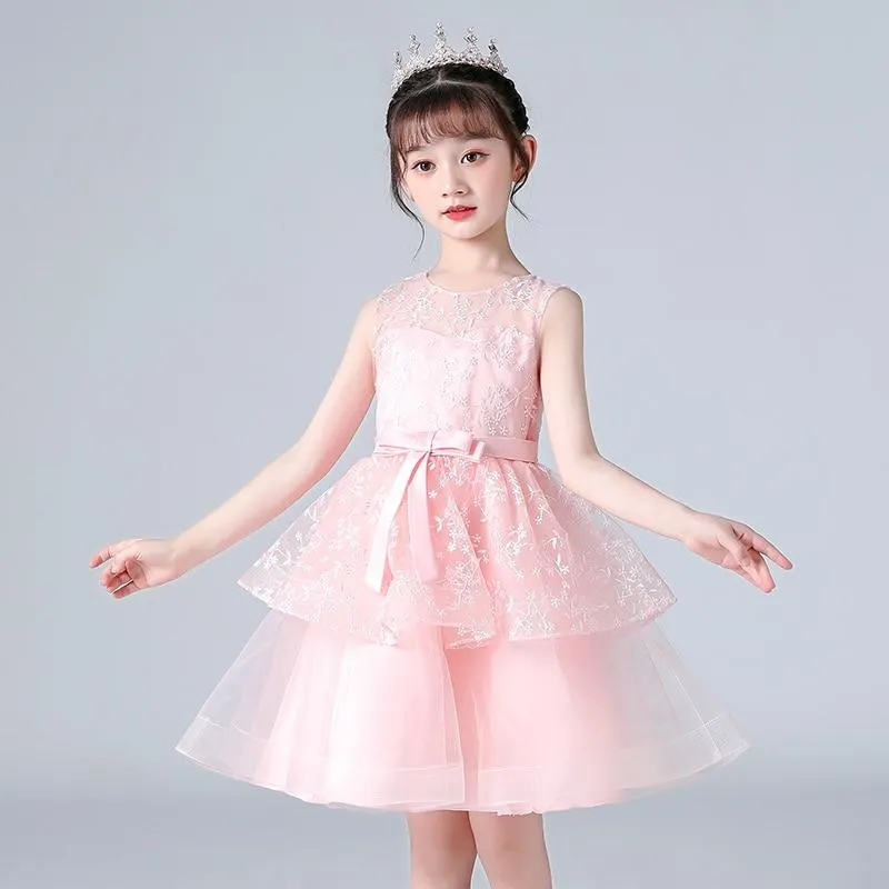 Summer Lace Embroidery Kids Dress For Girls Evening Wedding Party Tail Elegant Princess Sleeveless Children Holiday Dresses
