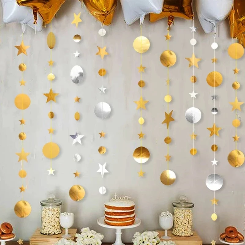 4M Paper Star Round Garland Rose Gold Hanging Banner Flag DIY Adult Kids Birthday Party Decoration Supplies Wedding Baby Shower