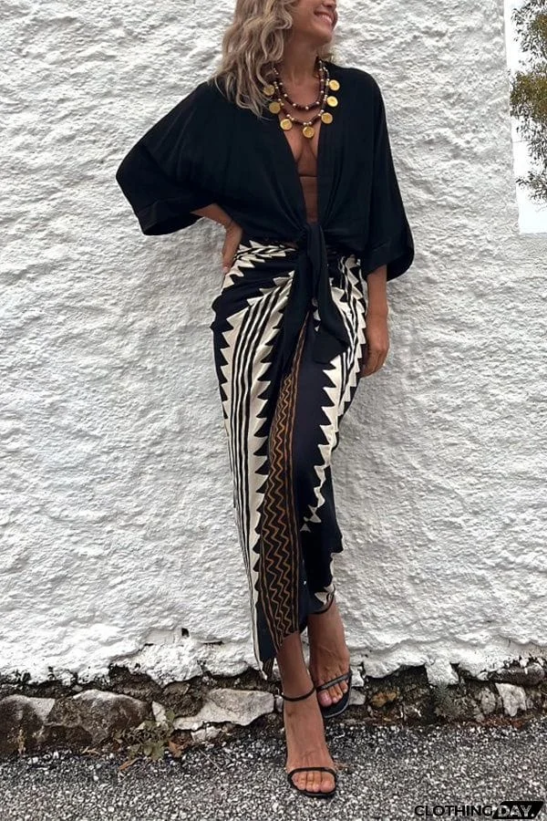 Astra Ethnic Print High Waist Ruched Wrap Maxi Skirt