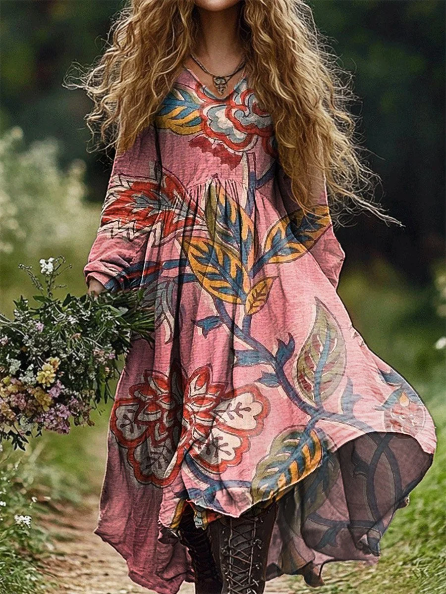 Women's Retro Floral Print Pocket Cotton Dress