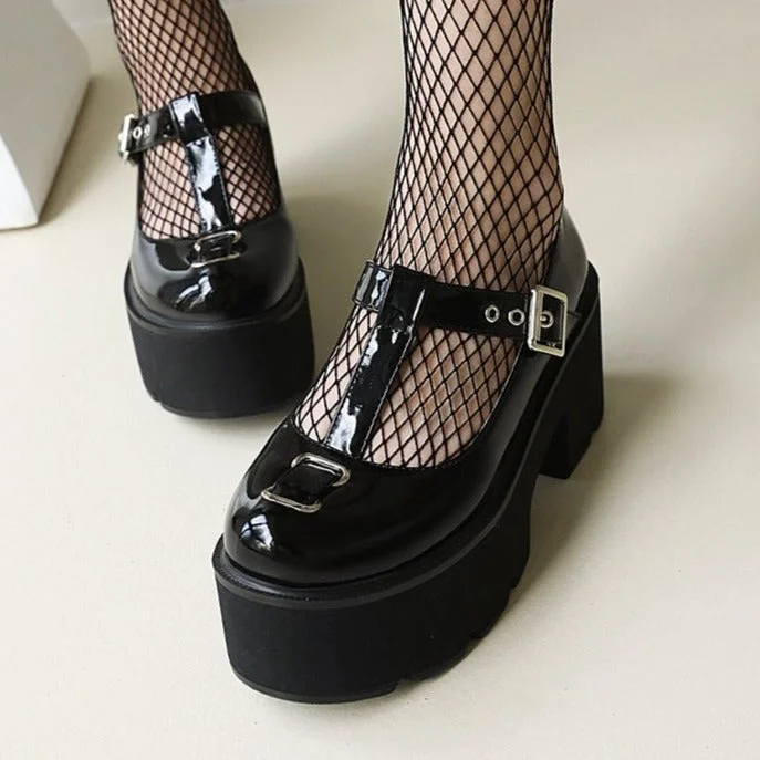 Vstacam Rubber Sole Women Lolita Shoes Vintage Belt Buckle Gothic Punk Pumps Shoes Platform Square Heel Creepers Japanese Size 43