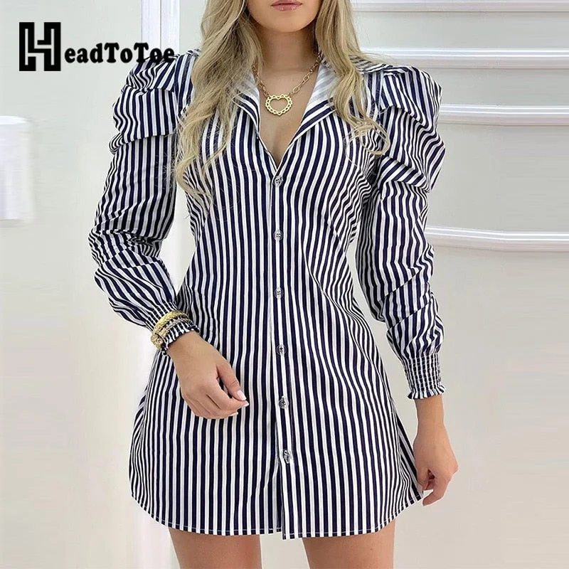 Graduation Gifts  Striped Button Design Puffed Sleeve Shirt Dress Women Casual Work Dress