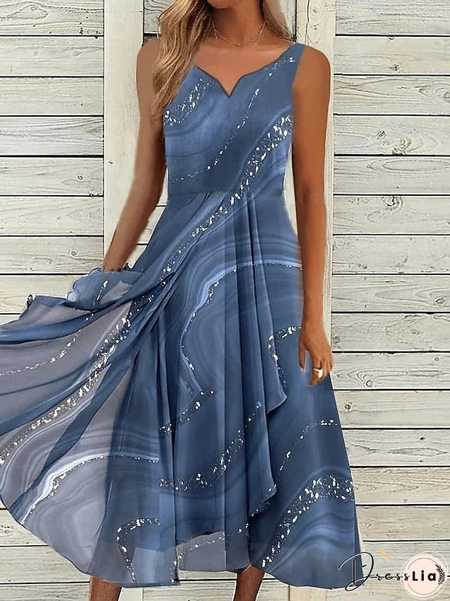 Casual Dress Chiffon Dress Swing Dress Marble Print Layered Print Strap Midi Dress Fashion Modern Daily Holiday Sleeveless Regular Fit Blue Summer Spring S M L XL XXL for Women