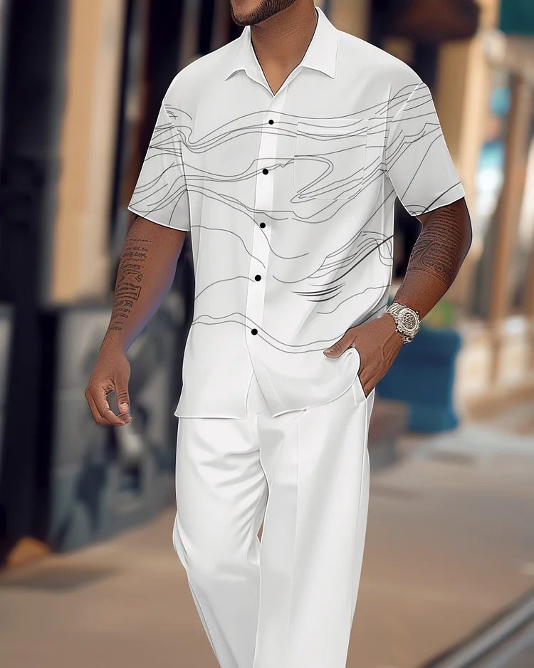 Men's Gradient Print Short Sleeve Shirt Walking Suit 1081