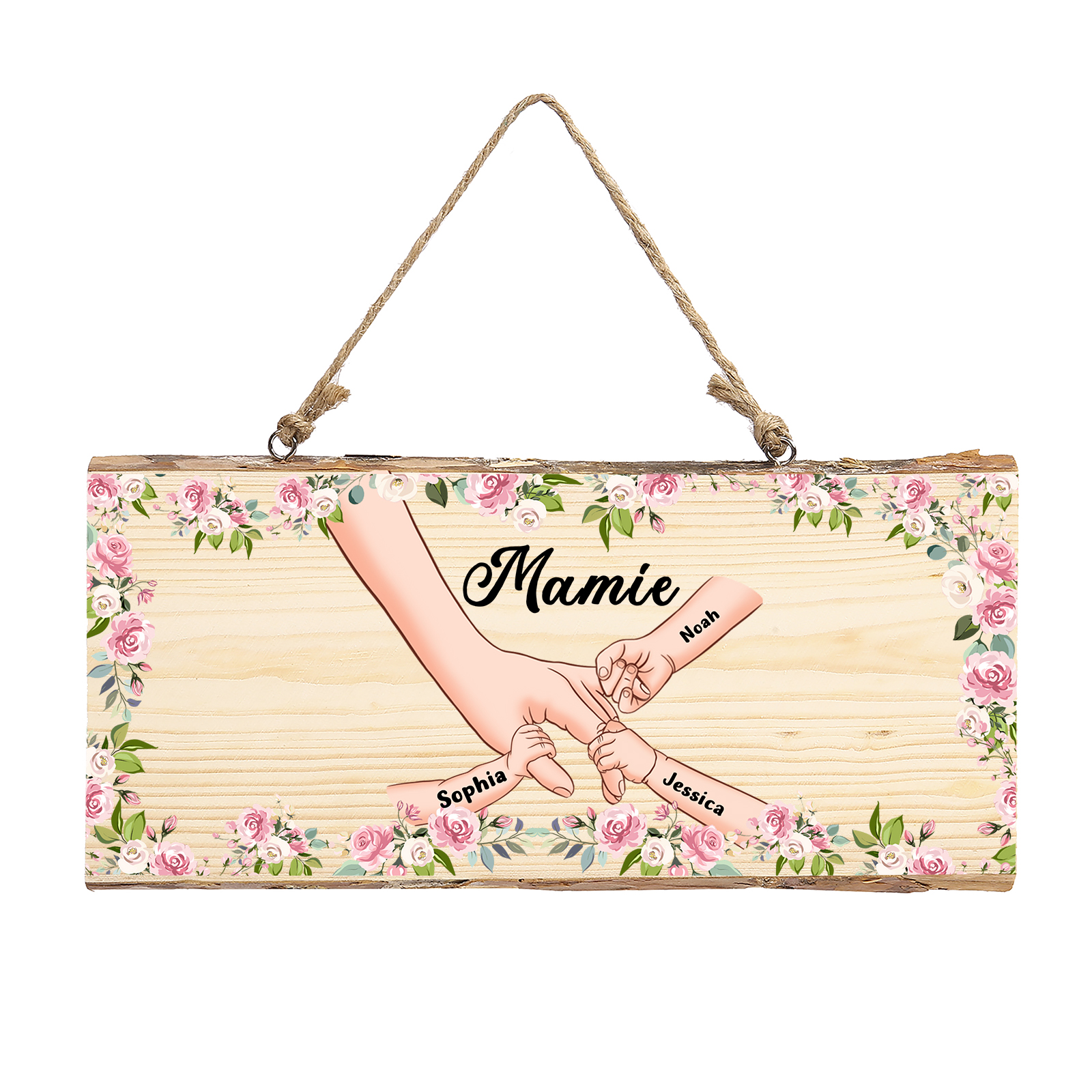 À ma Mamie - Décoration en bois la main dans la main 1-6 Prénoms Personnalisés pour Famille Peinture Décorative
