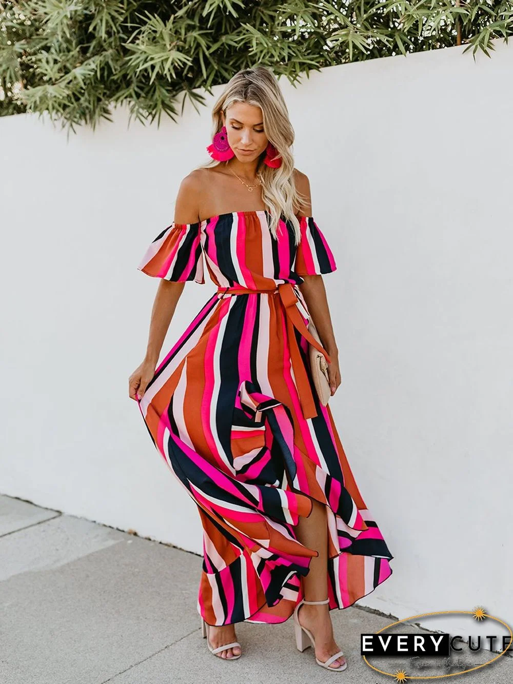 Vacation Off Shoulder Striped Belt Maxi Dress