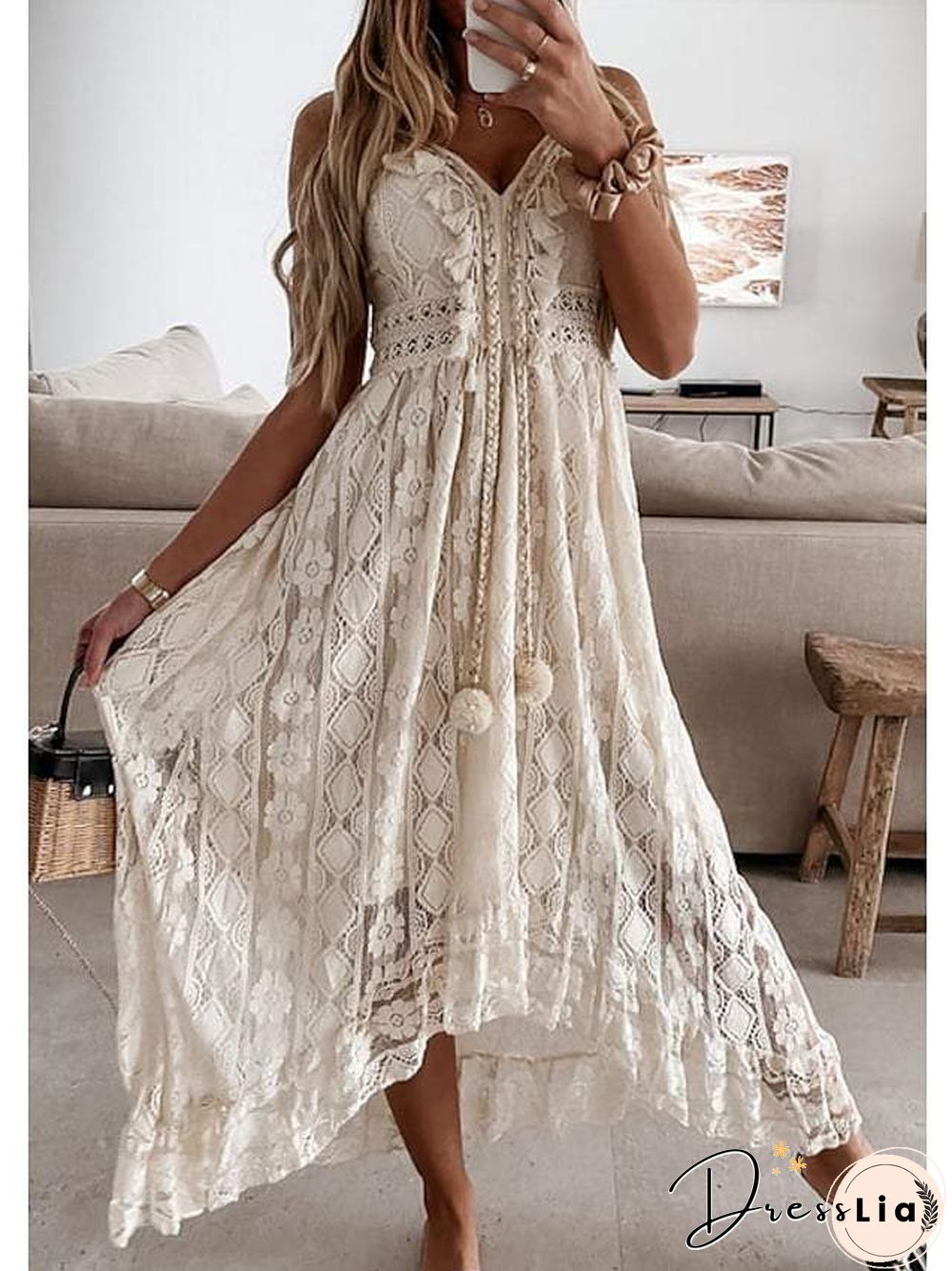 Women's Swing Dress Maxi Long Dress White Beige Sleeveless Solid Color Embroidered Lace Spring Summer V Neck Casual Boho Beach Lace S M L XL XXL