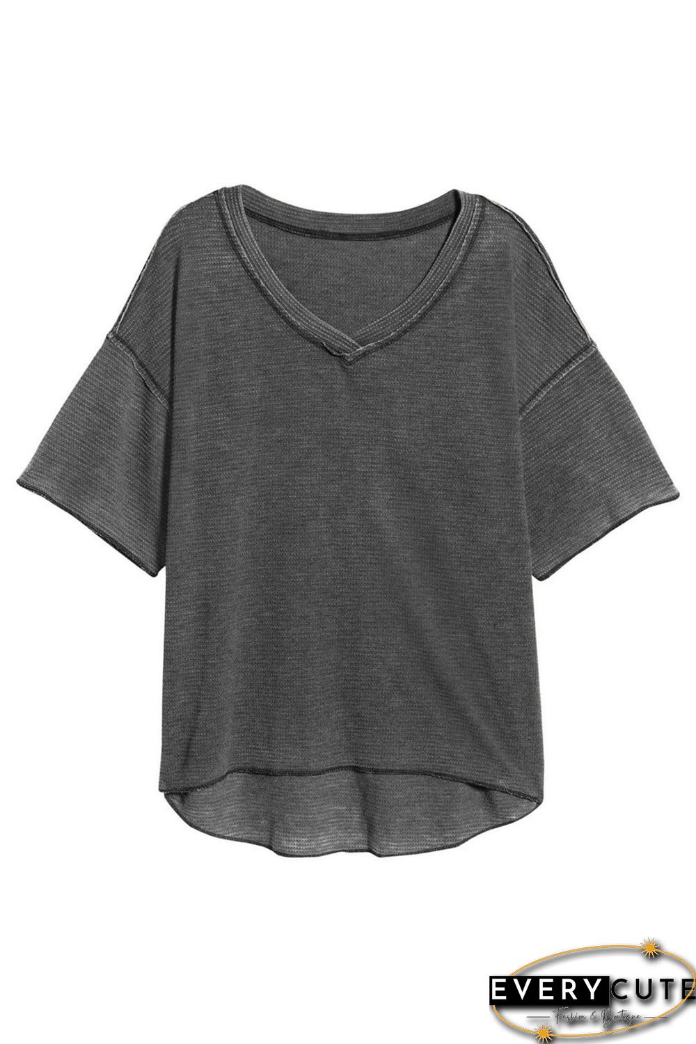 Gray Waffle Knit Seamed Half Sleeve V Neck Top