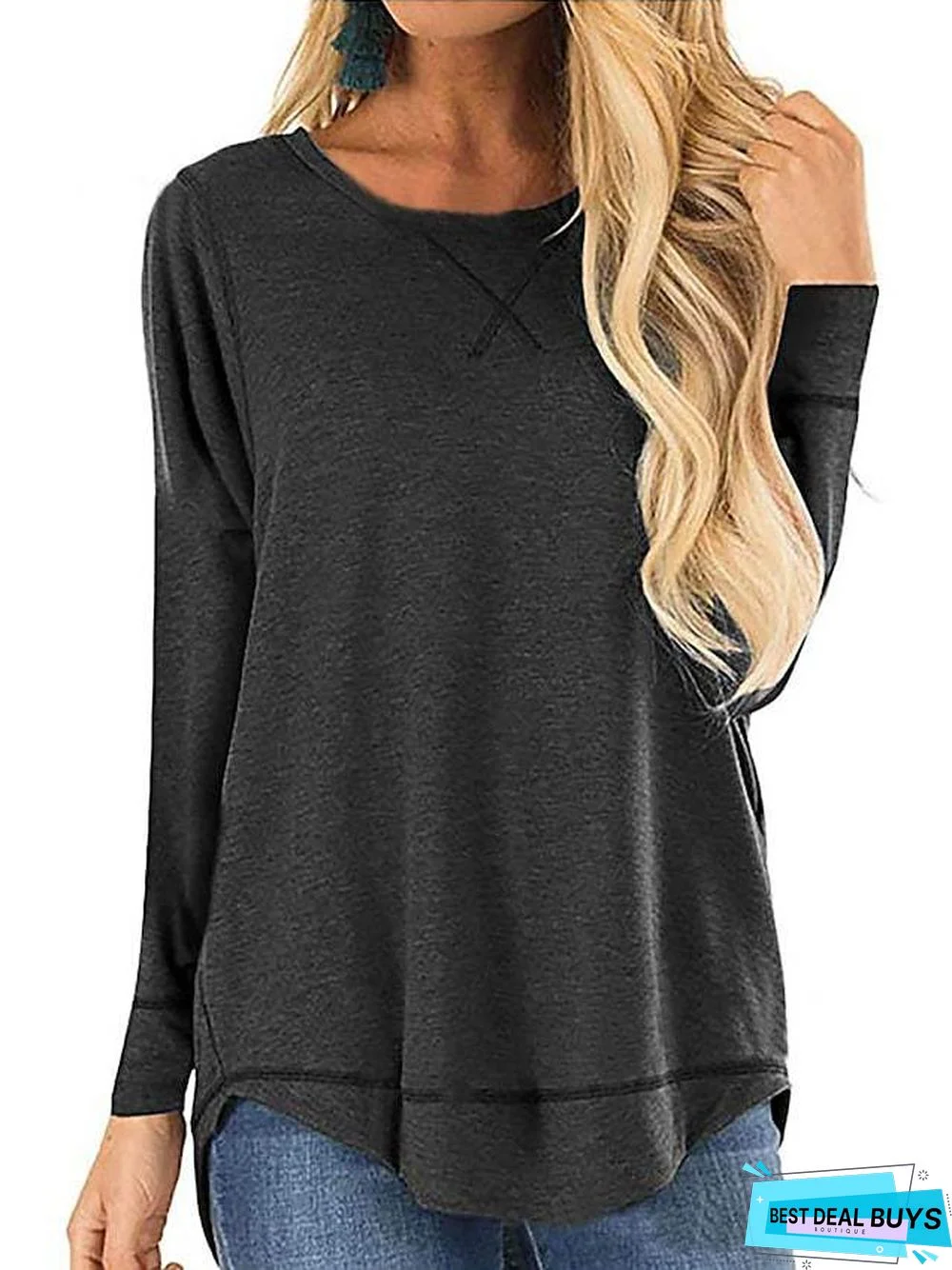 Women's T-Shirt Plain Solid Color Long Sleeve Round Neck Basic Casual Tops Cotton Black Green Sky Blue