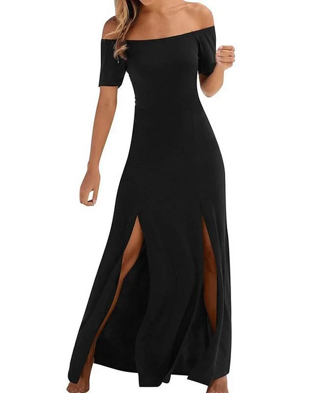 Women's A-Line Dress Maxi Long Dress Short Sleeve Solid Color Summer Sexy Black Black Dresses
