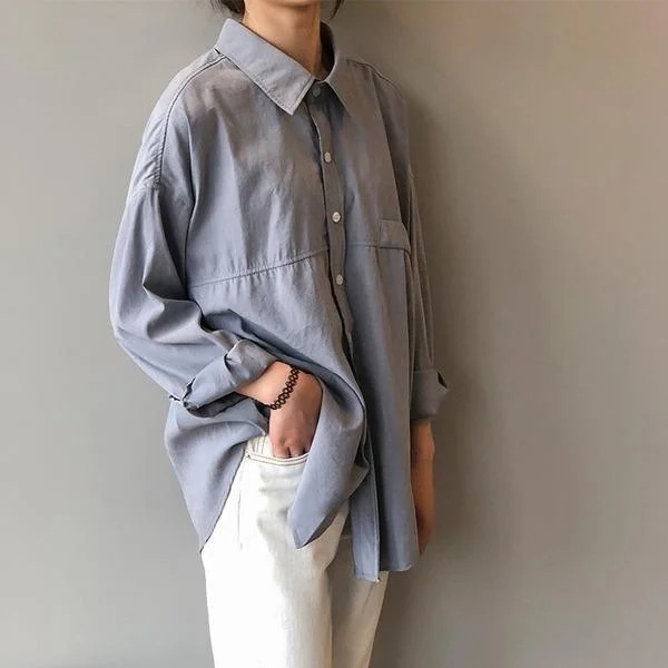Turn-down Collar Solid Female Shirts Tops 2020 Spring Summer Blouses