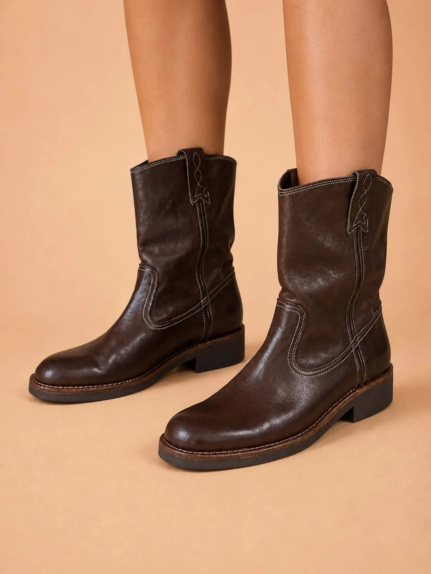 Ready for a Country Concert &mdash; Black Slouchy Pull-On Premium Leather Western Mid-Calf Boots
