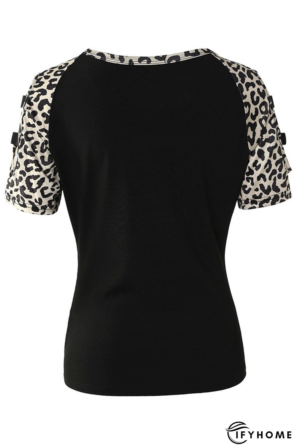 Black Leopard Color Block Cut Out Short Sleeve Top | IFYHOME