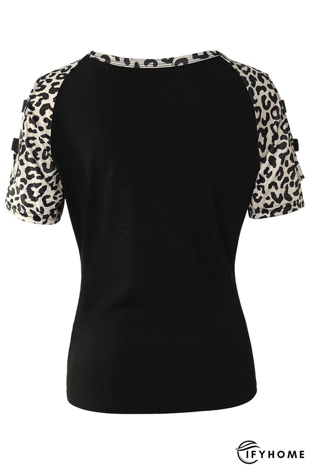 Black Leopard Color Block Cut Out Short Sleeve Top | IFYHOME