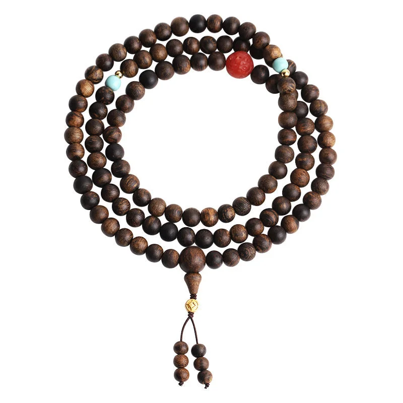 108 Mala Beads Agarwood Red Agate Turquoise Peace Meditation Necklace Bracelet