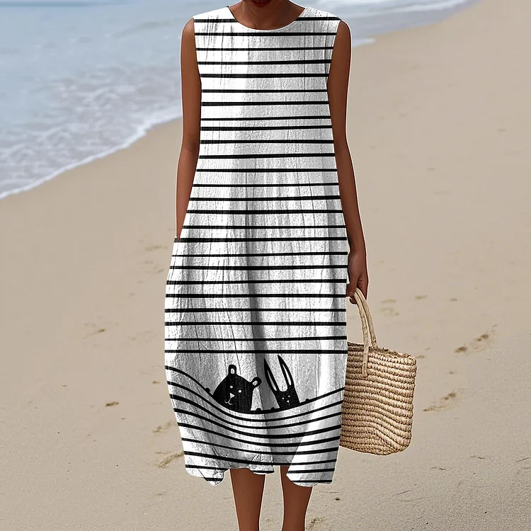 Women's Cute Dogs Stripes Art Print Sleeveless Dress