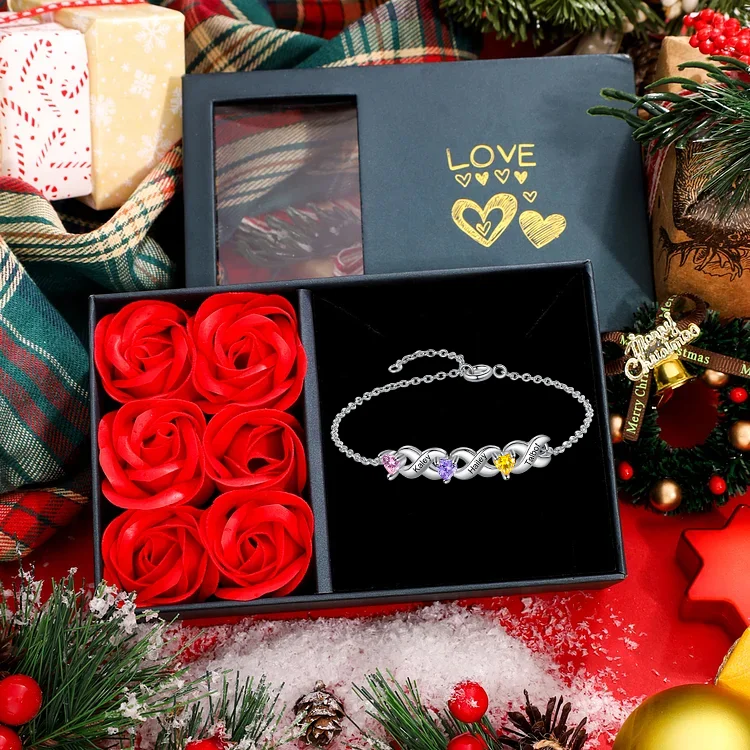 3 Names-Personalized Bracelet With Rose Gift Box-Custom Bracelet with 3 Heart Birthstones Engraved Names Bracelet Gift For Women
