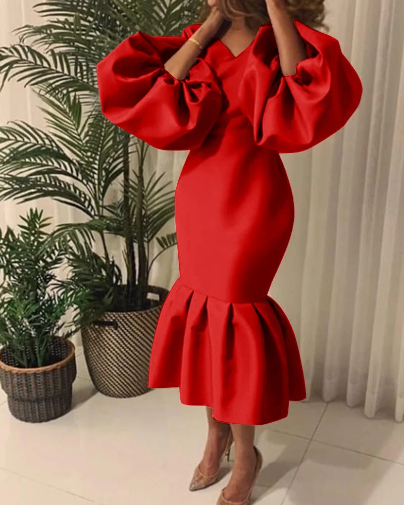 Uveng Commute Plus Size Women's Fashion Solid Color V-neck Bubble Long Sleeve Fishtail Dress