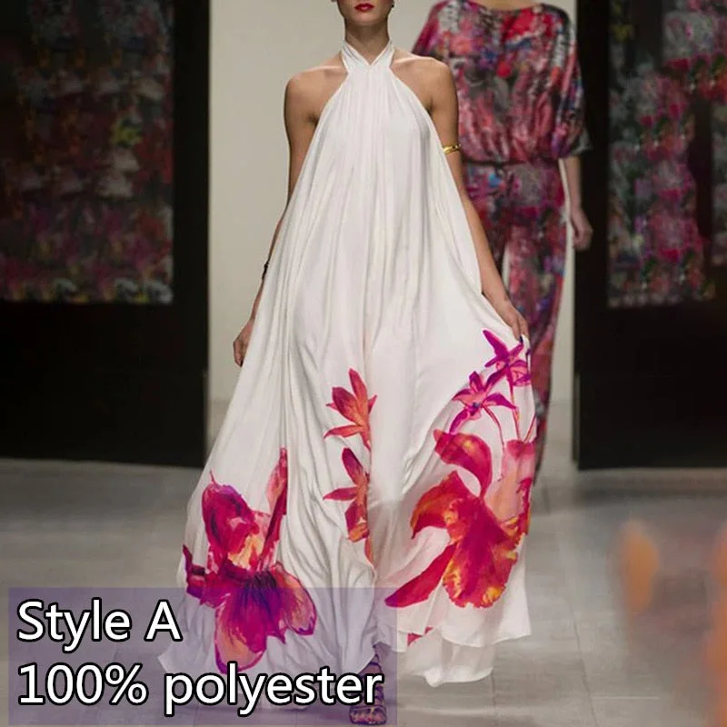 Summer Halter Print Dress Women Celmia Casual Sleeveless Ruffles Floral Maxi Sundress Sexy Backless Beach Party Bohemian Vestido