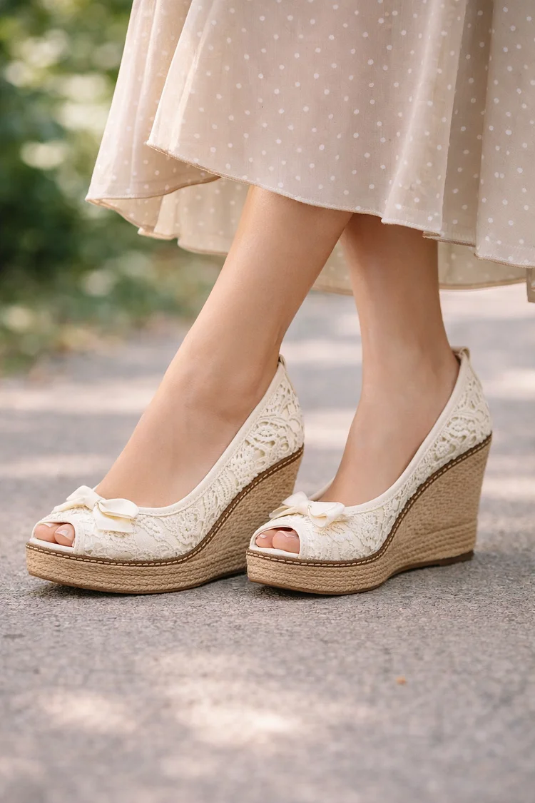 Ivory Lace Espadrille Wedge Platform Peep Toe Pumps Vdcoo